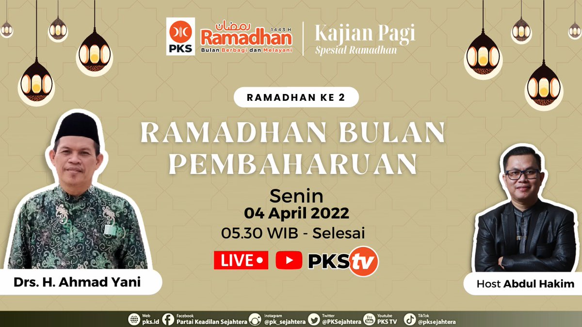 Bulan Ramadhan identik dengan momentum perbaikan jiwa, menyucikan kembali hati yg penuh dosa. So, Jangan lewatkan Kajian Pagi Spesial Ramadhan bertema "Ramadhan Bulan Pembaharuan" akan dibahas oleh Drs. H. Ahmad Yani dengan host Abdul Hakim. Pukul 05.30 WIB di PKSTV