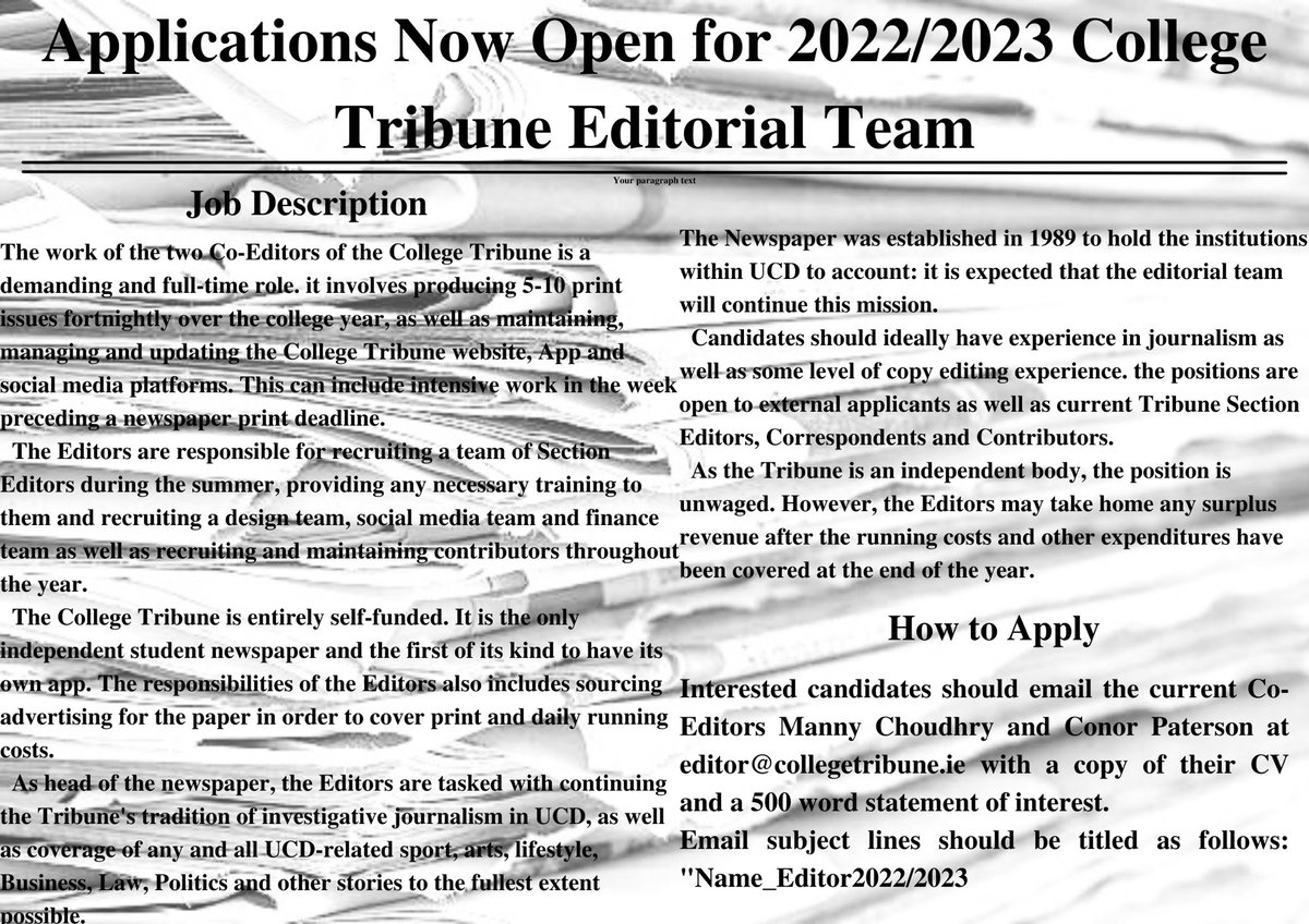 CollegeTribune's tweet photo. 🚨APPLICATIONS NOW OPEN 

The College Tribune prides itself on its independent student journalism since 1989. 

Please reach out to Co Editors Manny Choudhry and Conor Paterson if you are interested in applying and would like more information! 

Reach us: editor@collegetribune.ie https://t.co/kRkduJG5bW