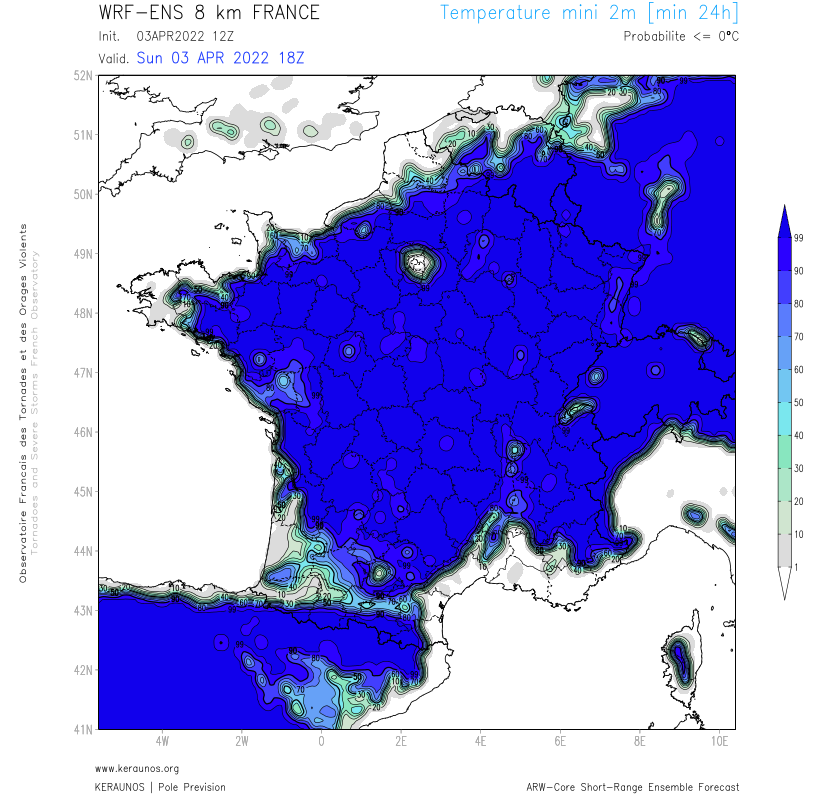 Gel quasi généralisé pour la nuit prochaine, à quelques exceptions près avec 0 à -5°C (localement un peu moins).

La probabilité de gelées va régresser sensiblement vers le sud ensuite pour la nuit de lundi à mardi avec un risque persistant de dégâts aux cultures dans le sud. 