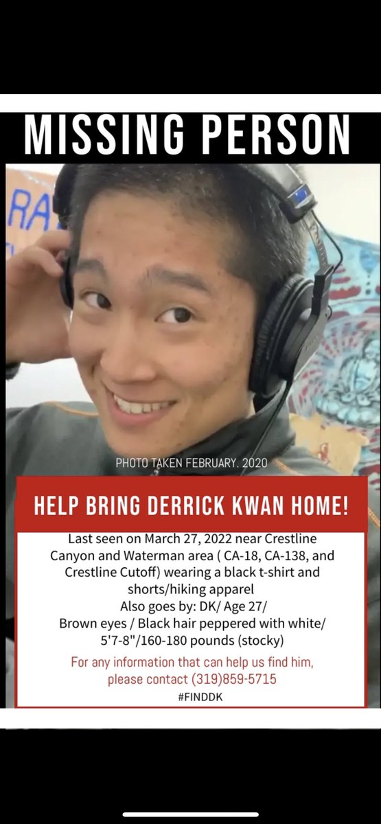 davidchiangx's tweet photo. Hi everyone,

Thank you so much for all of your help. There was a report of someone walking down the 18 that could match Derrick’s description. We’re pivoting our search efforts there. We’d appreciate if anyone in the IE can print and flier around the area. https://t.co/h9m9ZsBcFo