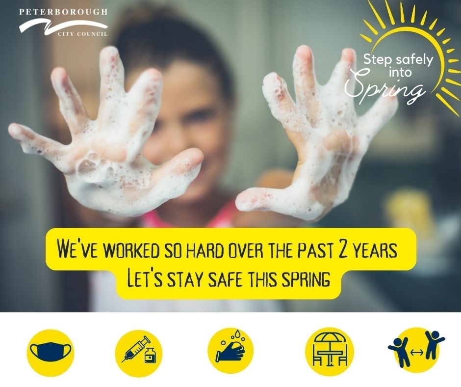 PeterboroughCC's tweet photo. Let’s take common sense steps to keep safe and well this spring
Here are three simple ways to #StepSafelyIntoSpring
·Get your vaccine https://t.co/SCrafU6dX6
·Consider wearing a face covering in busy spaces
·Continue to wash your hands https://t.co/ZpR5QbeCzW