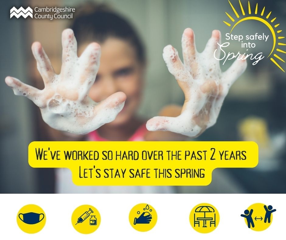 CambsCC's tweet photo. Let’s take common sense steps to keep safe and well this spring
Here are three simple ways to #StepSafelyIntoSpring
·Get your vaccine https://t.co/lOqyoRm4f5
·Consider wearing a face covering in busy spaces
·Continue to wash your hands https://t.co/4kJpRcPgPt