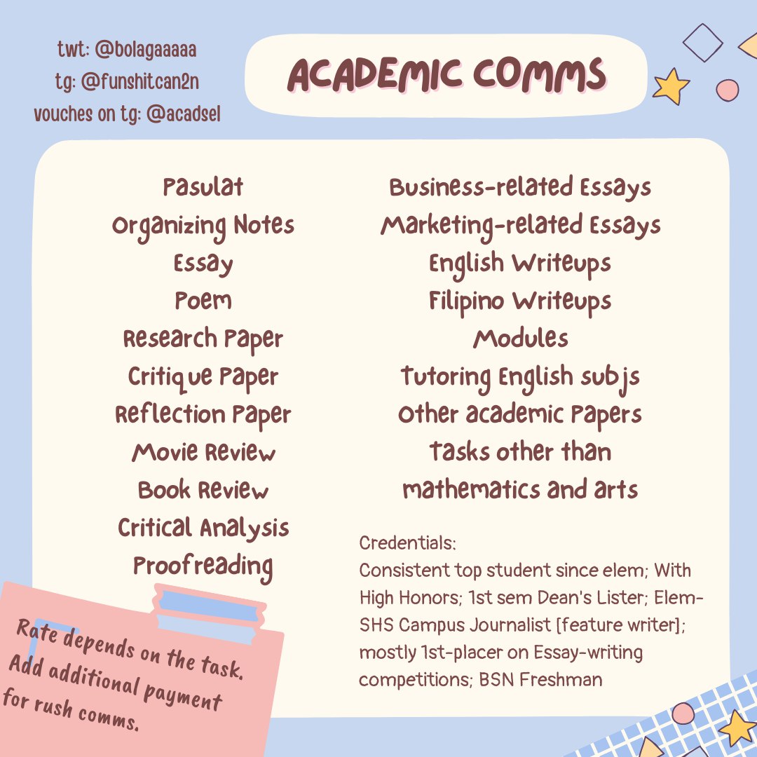 bolagaaaaa's tweet photo. tags:
premium accounts– netflix, spotify, prem, canva, youtube, iwant, vpn, unlocks, coursehero, chegg, grammarly, scribd, quillbot, educational
academic commission– essay, acad papers, reflection, reviews, proofreading, writeups, poems, modules, senior high school, elementary https://t.co/kQ6kyFs526