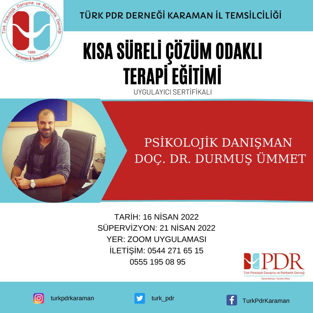 turk_pdr's tweet photo. Türk Psikolojik Danışma ve Rehberlik Derneği Karaman İl Temsilciliği olarak Kısa Süreli Çözüm Odaklı Terapi Eğitimi ile sizlerleyiz. Eğitim Doç. Dr. Durmuş Ümmet tarafından verilecektir. Eğitim sonunda Türk PDR Derneği tarafından filigranlı uygulayıcı sertifikası verilecektir. https://t.co/lD1O18JGWw