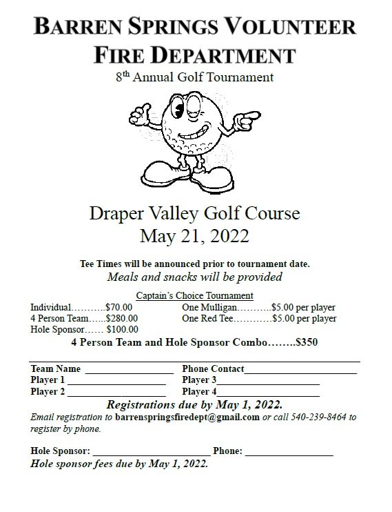 Sign up now for the 8th Annual Baren Springs Vol. Fire Dept. Golf Tournament