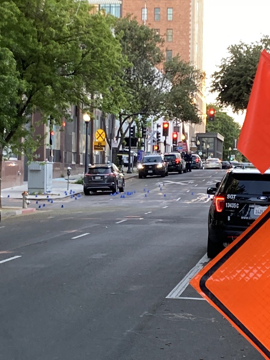 Sun is up on the crime scene in downtown Sacramento, dozens of blue evidence markers. Some family members gathering awaiting word on their loved ones.