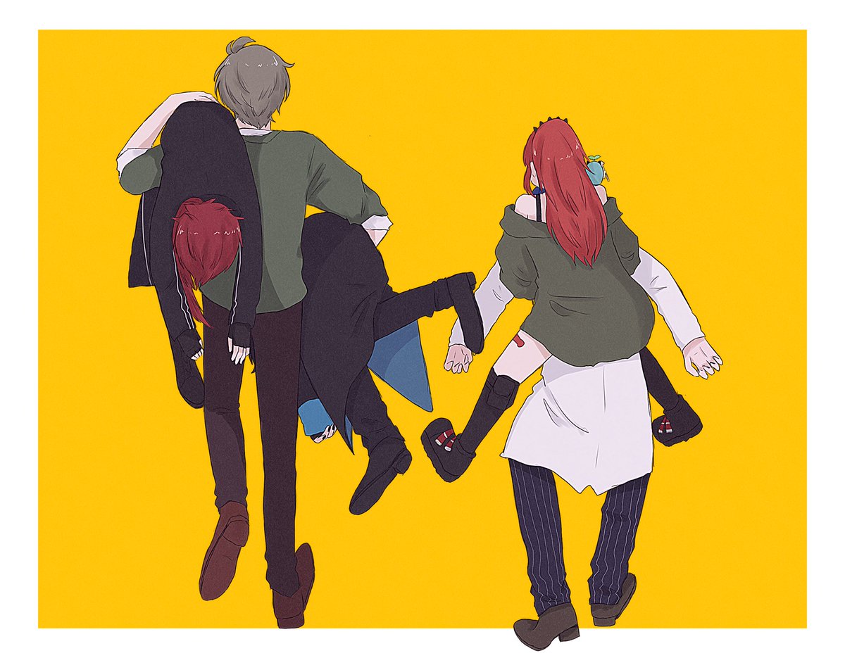 multiple boys red hair blue hair jacket pants long hair carrying  illustration images