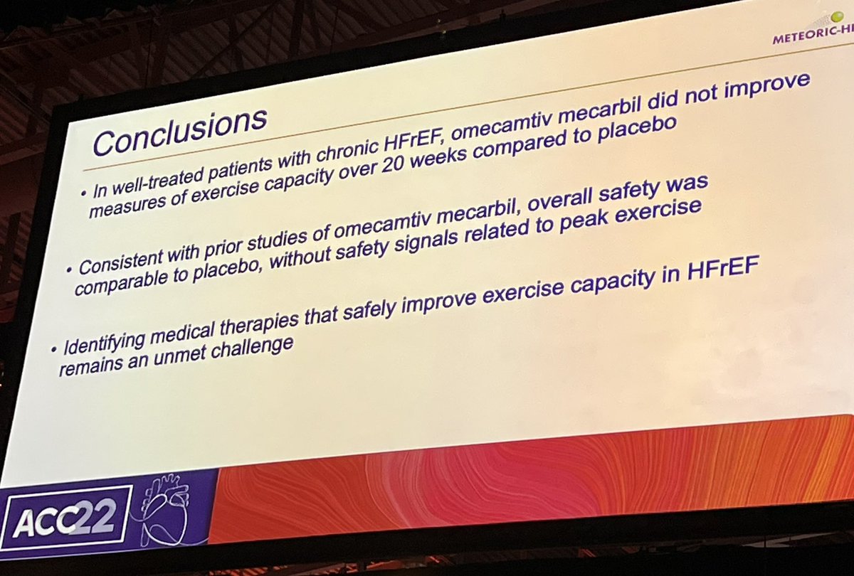 #acc22 Omecamtiv mecarbil in Meteoric HF failed to improve peak VO2 in patients with heart failure with reduced ejection fraction. This well-designed study demonstrates the importance of randomized double-blind studies, even if the results are negative. globenewswire.com/news-release/2…