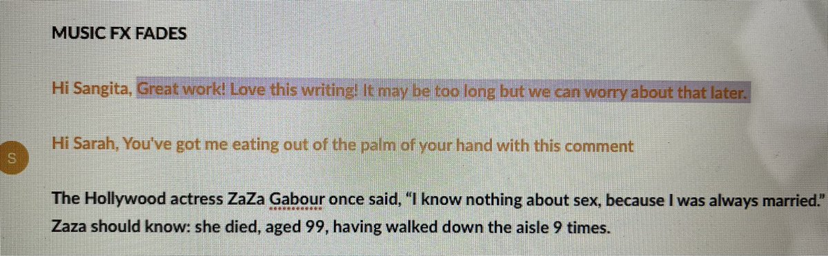 SangitaMyska's tweet photo. I’m making a series for ⁦@BBCRadio4⁩. This is an exchange between me and my brilliant producer. It’s a masterclass in how to soften up a presenter (me) for a brutal script edit #flatteryworks https://t.co/qpAz8SbauK