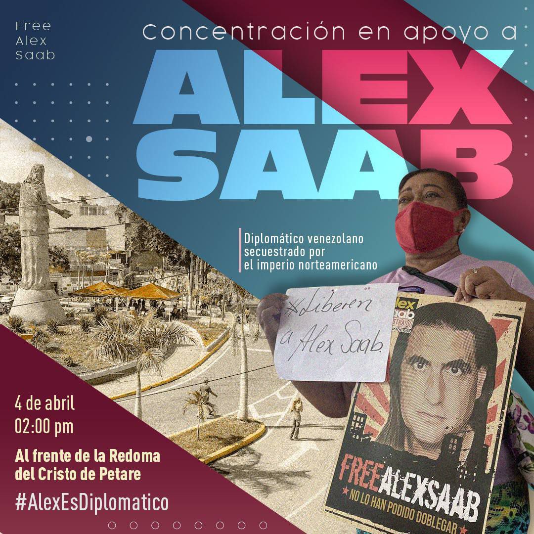 📢 Es Mañana lunes #04Abril Asiste a la concentración solidaridad para el diplomático venezolano Alex Saab secuestrado por el imperio gringo En Petare 🇻🇪 Hora:02:PM #FreeAlexSaab @POTUS @PartidoPSUV @StateSPEHA @CamilaGzlez34 @AntoineMeneses @Mano1Ju