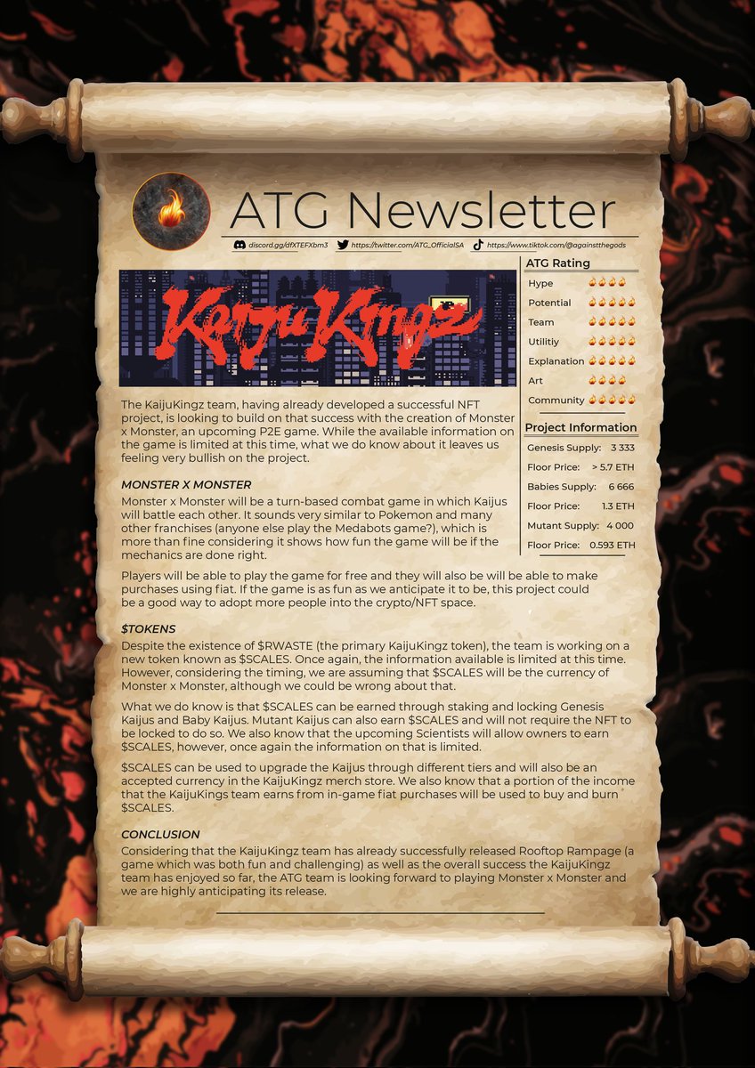 atggamerguild's tweet photo. Welcome to the launch of the first ATG newsletter!

This week we're discussing the highly anticipated Monster x Monster P2E game that's being developed by the @KaijuKingz team https://t.co/vuADVIPy5t