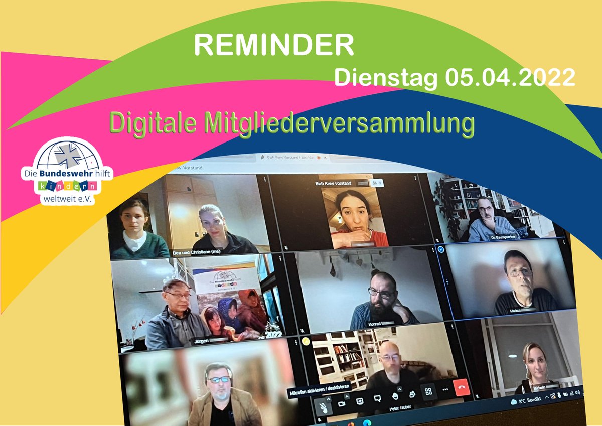 #Reminder: Bald ist es soweit - am Dienstag, 05.04.22 findet 19 Uhr die #BwhilftKindern Mitgliederversammlung online statt. Meldet euch noch an und gestaltet aktiv mit! Mehr Infos u.a. zur Anmeldung unter: bundeswehrhilftkindern.de/aktuelles