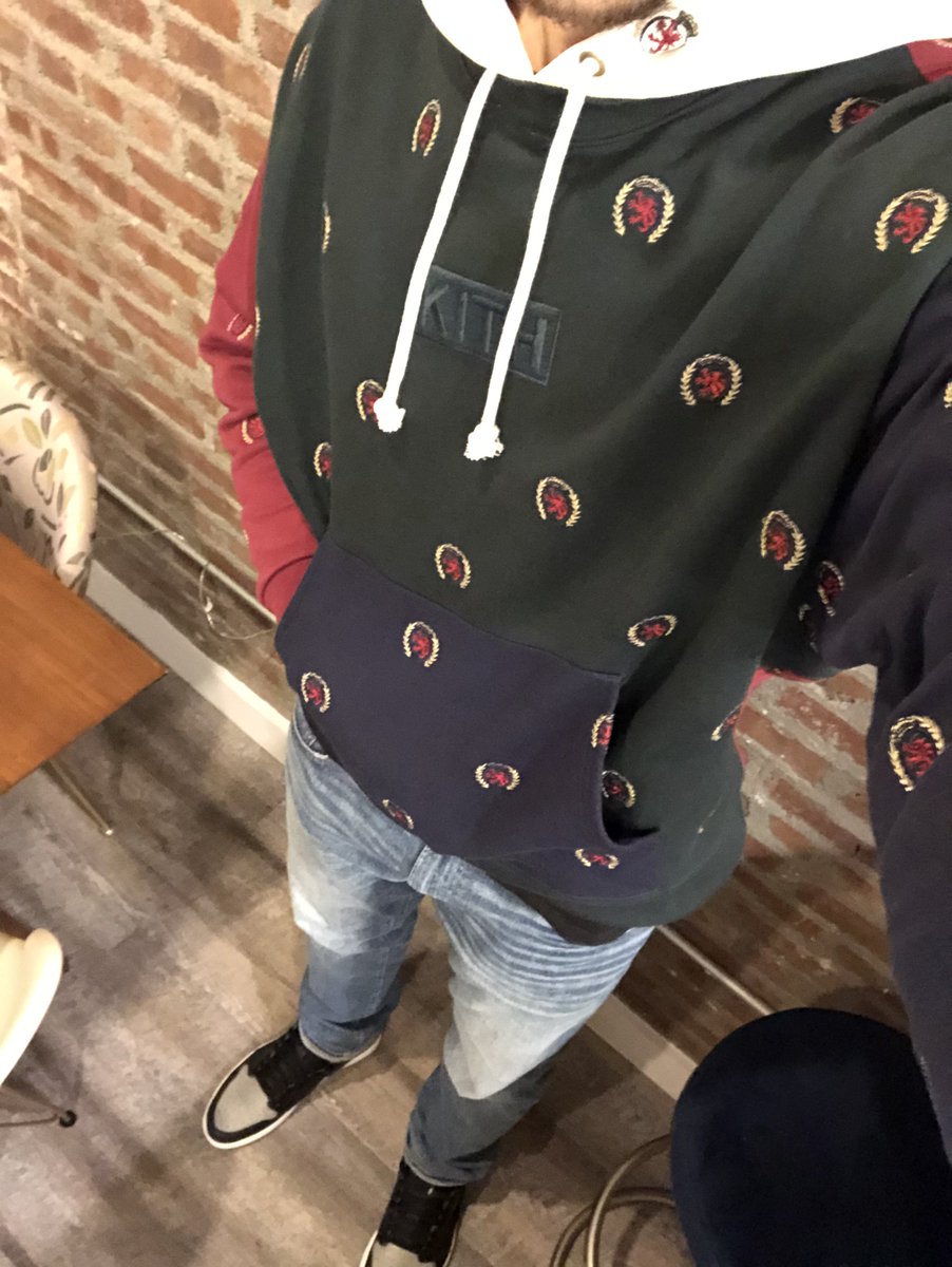 tophersensei's tweet photo. @jarnnft Yea im a sneakerhead/Kith head. I have a lot of Kith collab sneakers as well as streetwear. My favorite piece is the this Kith x Hilfiger embroidered hoodie https://t.co/pszBEv1Gif