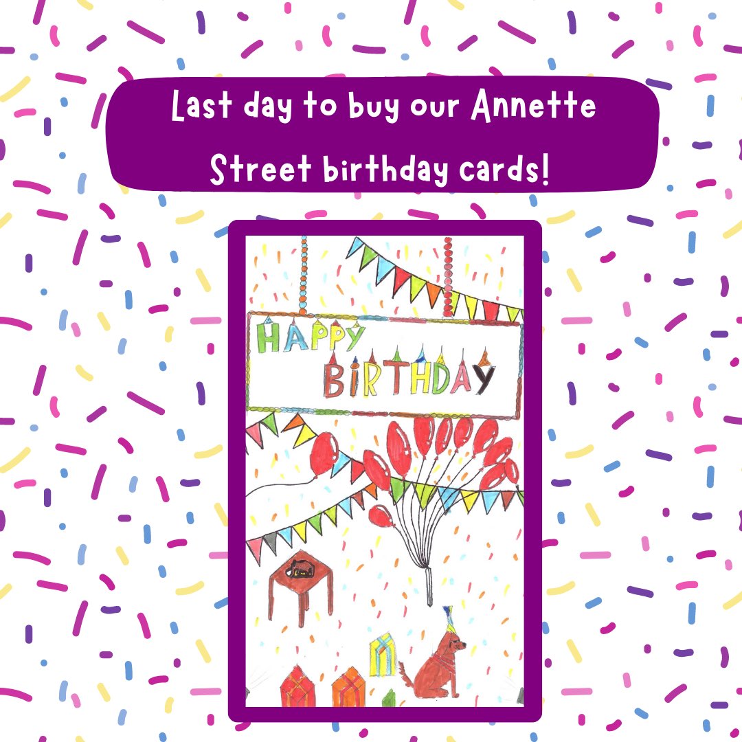 StrathAnnette's tweet photo. Today is the last day to buy an Annette Street birthday card! 🎂

Thank you so much to everyone who has bought a card already. All your donations are greatly appreciated! 

Why not pick up one of our birthday cards designed by an Annette Street pupil 🎉 @AnnetteStreetPS https://t.co/h5sjajkJqQ