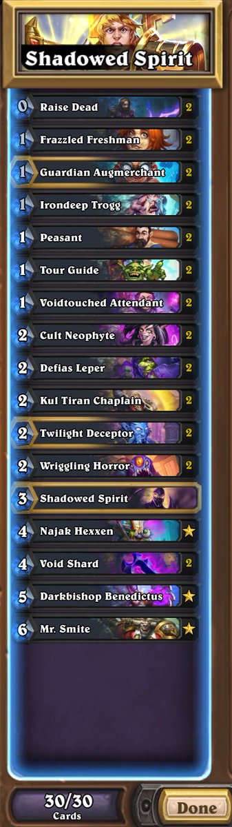 Had a few wondering which priest list i've been playing, so I figured i'd might aswell post it. This is also the list i play the majority of my games with last season. I've decided to go with a Shadowed spirit to make room for 2nd chaplain instead of the mankrik combo.