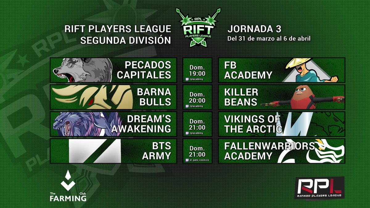 RankedPlayers's tweet photo. ¡Buenas tardes! Hoy toca #RiftSegunda, y aquí están los partidos de la Jornada 3 🔥🏆🔥

⚔️ @PK2CapitalesLoL VS @FarmersBrigade Ac
⚔️ @BarnaBulls VS @KillerBeans_LoL
⚔️ @DreamAwakeningg VS @VikingsRift Arctic
⚔️ @BTSArmy_esports VS @_FallenWarriors Ac

📺 https://t.co/zFEll65Don https://t.co/c6RABsQlBG
