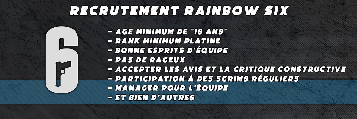 La section R6 recrute 3 joueurs pour la création d'une lineUp compétitive et sérieuse 🔥
Notre expérience de nos années en tant que structure, vous permettra d'avoir toutes les clefs pour rentrer dans l'esport 🏆 

Pour plus d'informations voir image ci-dessous ou en mp :