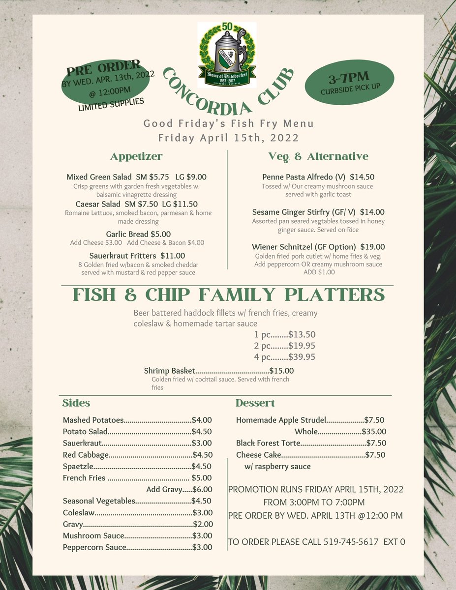 concordiac's tweet photo. Easter   weekend is not far away! Place your order for our Good Friday Fish   &amp; Chip Family Platters to enjoy at home! Call us at 519-745-5617   ext. 0 https://t.co/U6Vs0Jbig0