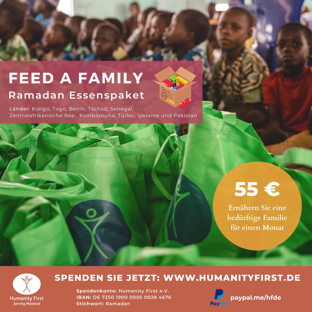 HumanityFirstDE's tweet photo. Ernähren Sie eine bedürftige Familie für einen Monat mit einem #Ramadan Essenspaket für 55 €.

Dies führen wir u.a. in Kongo, Togo, Benin, Tschad, Senegal, Zentralafrikanische Rep., Kambodscha, Türkei, Ukraine und Pakistan durch.

Spenden Sie jetzt: https://t.co/o4kMDKNaPS https://t.co/QDQEAyK00L