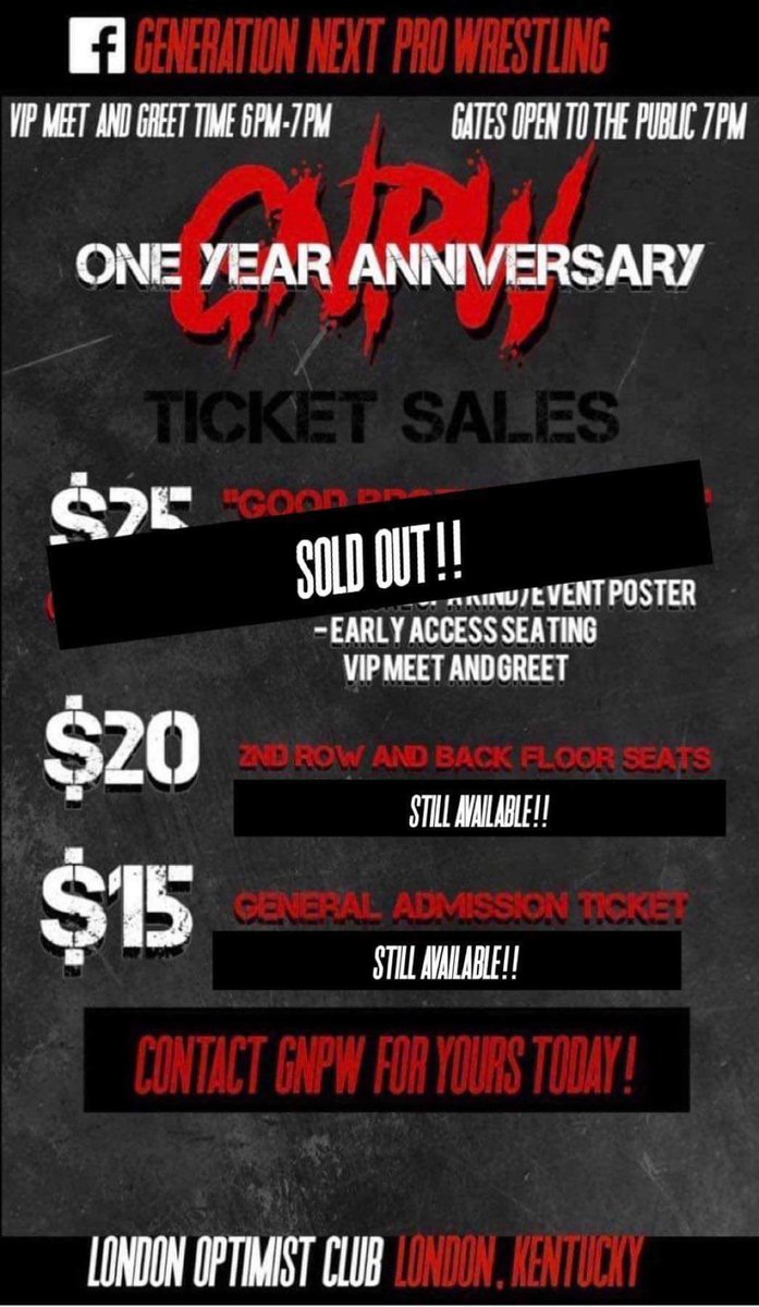 Gnextpro's tweet photo. Front row VIP is sold out!

We are less that a week away from on 1 Year Anniversary Show!

Join us April 8th in LONDON, KY! https://t.co/SqS0XCqom4