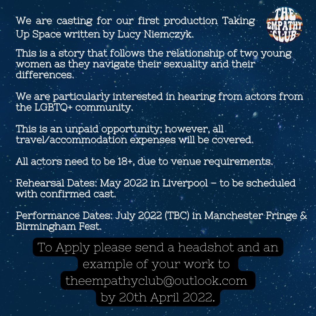 theempathyclub's tweet photo. CASTING CALL ✨✨✨✨✨✨✨🌈
We are #casting for our new play Taking Up Space by Lucy Niemczyk.
Please read carefully and send auditions to theempathyclub@outlook@com📧
#ukcastingcall #newwriting #castinguk #queertheatre https://t.co/8Rw6QYNFIF