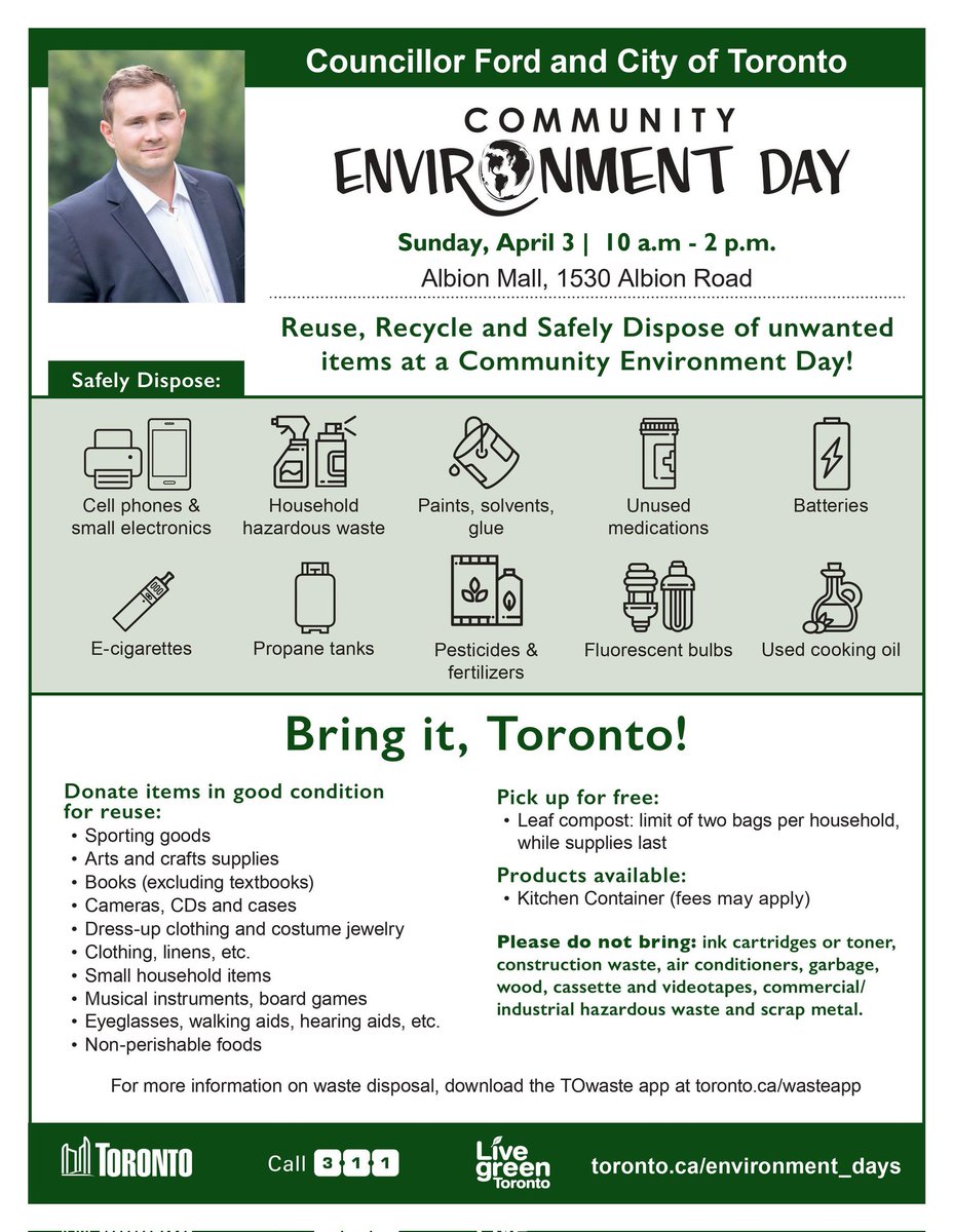 MichaelFordTO's tweet photo. We're out at our Community Environment Day today at Albion Mall until 2 PM.

Bring unwanted items to safely dispose and gently used items for reuse.

Come grab your free bagged compost and please see flyer below for more details 👇 https://t.co/AcCSRWL1nF