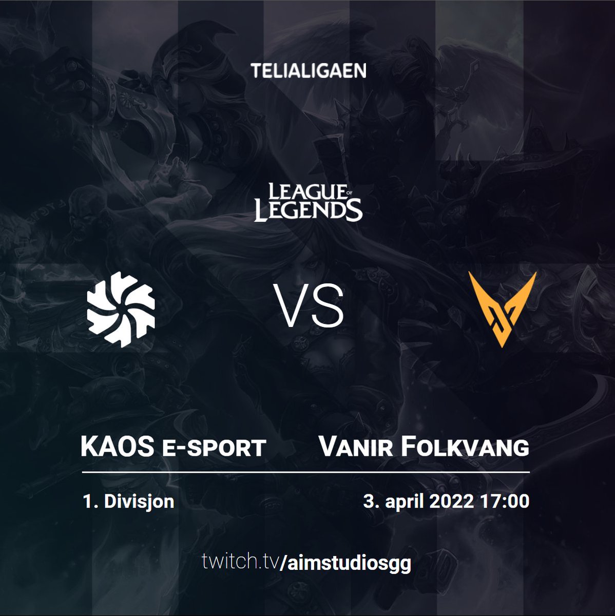 Vi sender kampen mellom <a href="/KAOSesport/">KAOS</a> &amp; <a href="/VanirGG/">Vanir</a> 
Kl. 17:00!

Twitch.tv/aimstudiosgg