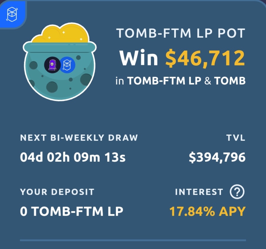 4 days left to get in for a chance to win a share of $46k. Paid in $TOMB. With only $400k TVL odds are great. 

Oh and you earn 17% APY as well.

<a href="/harryyeh/">Harry Yeh 葉俊德</a> <a href="/tombfinance/">The Game of Tomb 👻</a> <a href="/moonpotdotcom/">Moonpot</a>