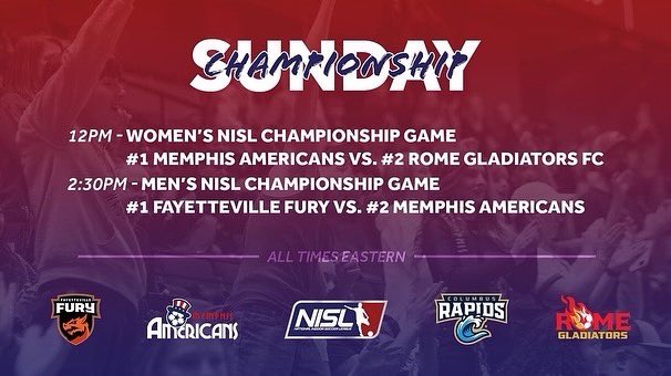 MemAmericans's tweet photo. IT'S CHAMPIONSHIP #GAMEDAY MEMPHIS!!! 🇺🇸🇺🇸🇺🇸🇺🇸

Both squads fight for the NISL title today 💪

WOMEN:
🆚 @RomeGlads 
⏰ 11:00am

MEN:
🆚 @FuryNISL 
⏰ 1:30pm

📺 https://t.co/GJgK2bG0NY

#BluffCitySoccer #NISLChampionshipWeekend #LetsGooo #NISLpro #Championship https://t.co/fwDZGOWJaT
