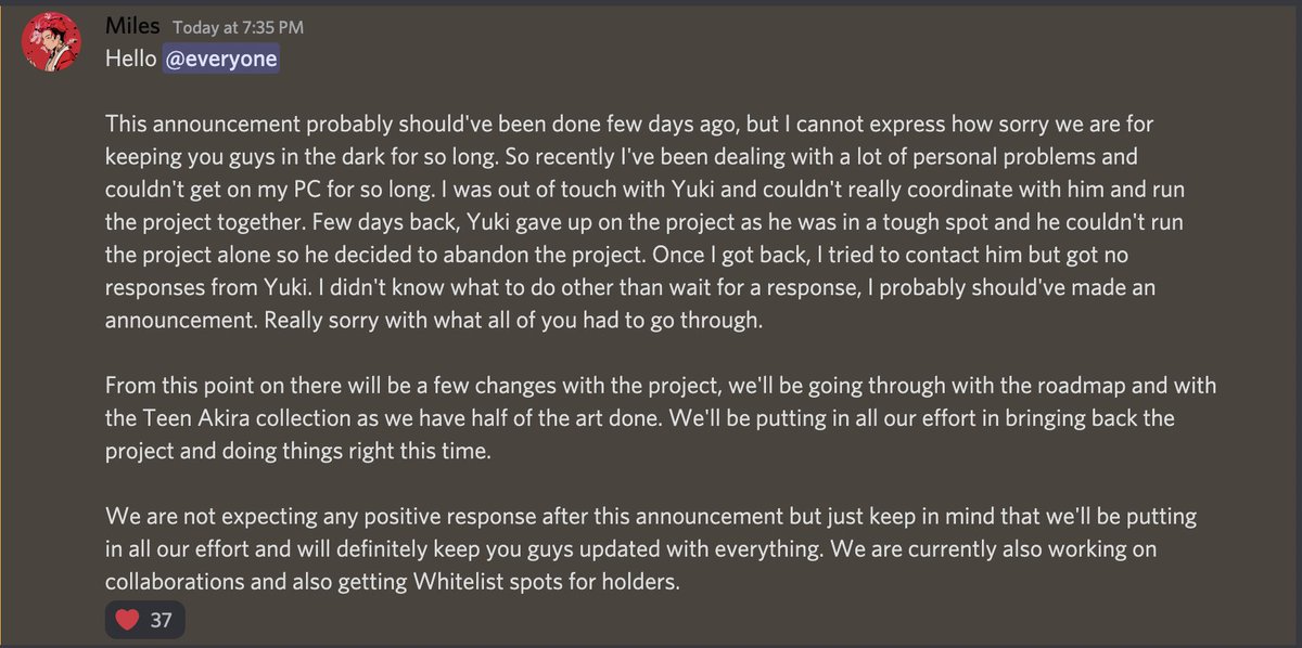 ProjectAkira_'s tweet photo. Hello Twitter

A lot has happened behind the scenes for Project Akira in the past few weeks.

Please read....

Join our discord for updates about the future of the project:
https://t.co/w0ZFOH3nio https://t.co/eWRQr1ggMd