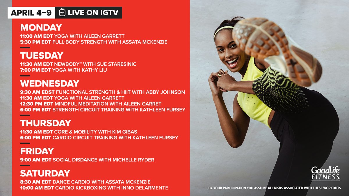 GoodLifeFitness's tweet photo. Get ready to get sweaty with our free Instagram Live classes. 🔥 Let us know! What classes are you tuning into this week? #GoodLifeAtHome https://t.co/YlahHc9Z7v