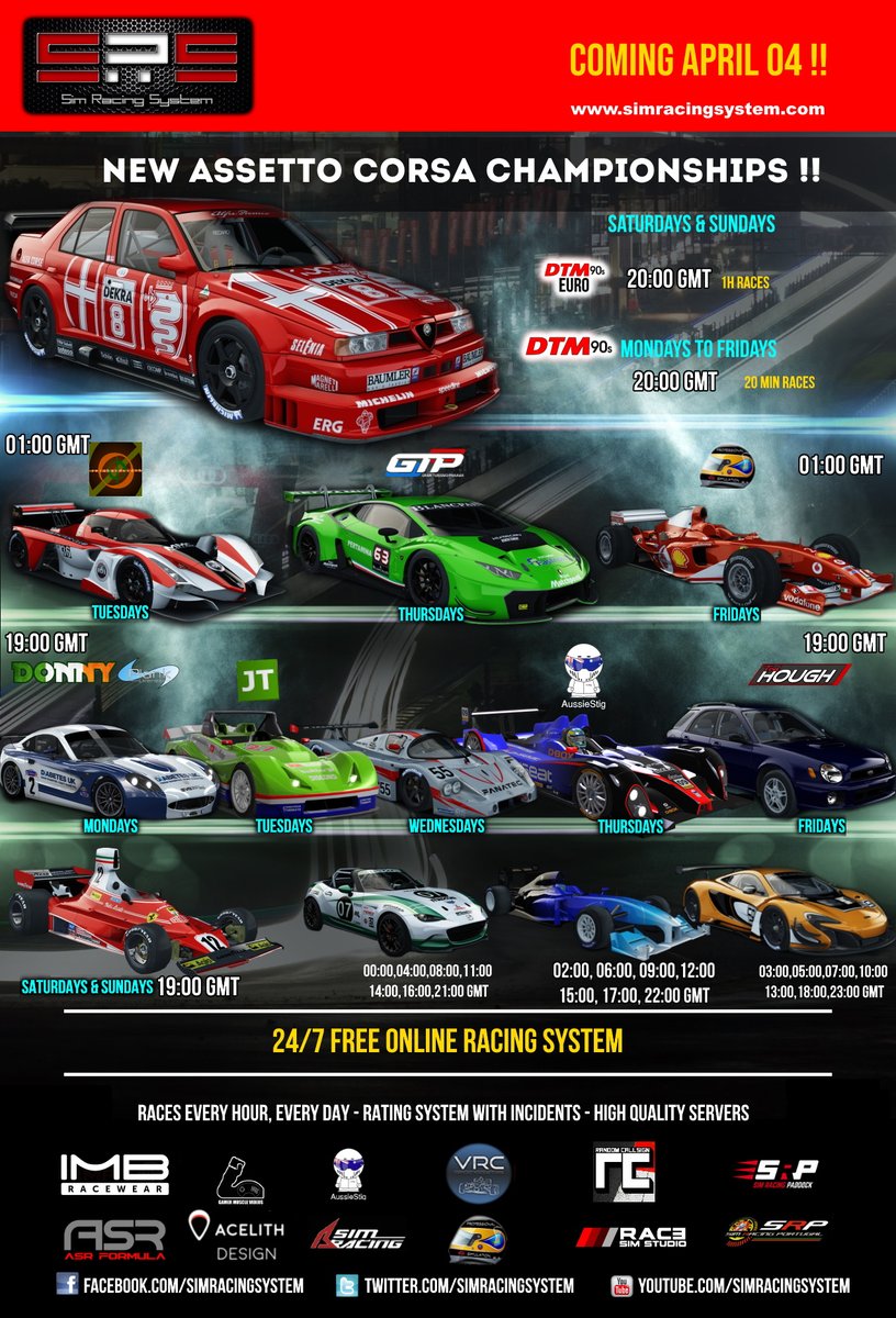 SimRacingSystem's tweet photo. New #assettocorsa series at #simracingsystem starting April 04! daily DTM90s, GT3, Lotus Exo&amp;MX-5 Cup and more with @AussieStig_ @jamestumilty @prosimracingtv @gtpanama @zer0bandwidth 
https://t.co/y5pUo3Vqm6 https://t.co/XwGdTCofnO