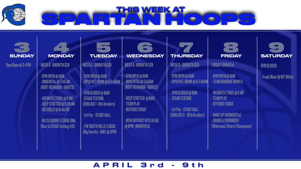 SpartanHoopsMBB's tweet photo. #SpartanHoops Weekly Calendar
(Apr. 3-9th) 

Growth SZN Week 6
- Reminders: STAAR Testing 
- 4/5 Eng1
- 4/7 Eng2

We can’t search for Success amongst the branches, Success happens in response to process &amp; process like Growth is found in ROOTS! 

#NoAccidents #DWGR #ROOTBehavior https://t.co/lbbYRb9dpZ