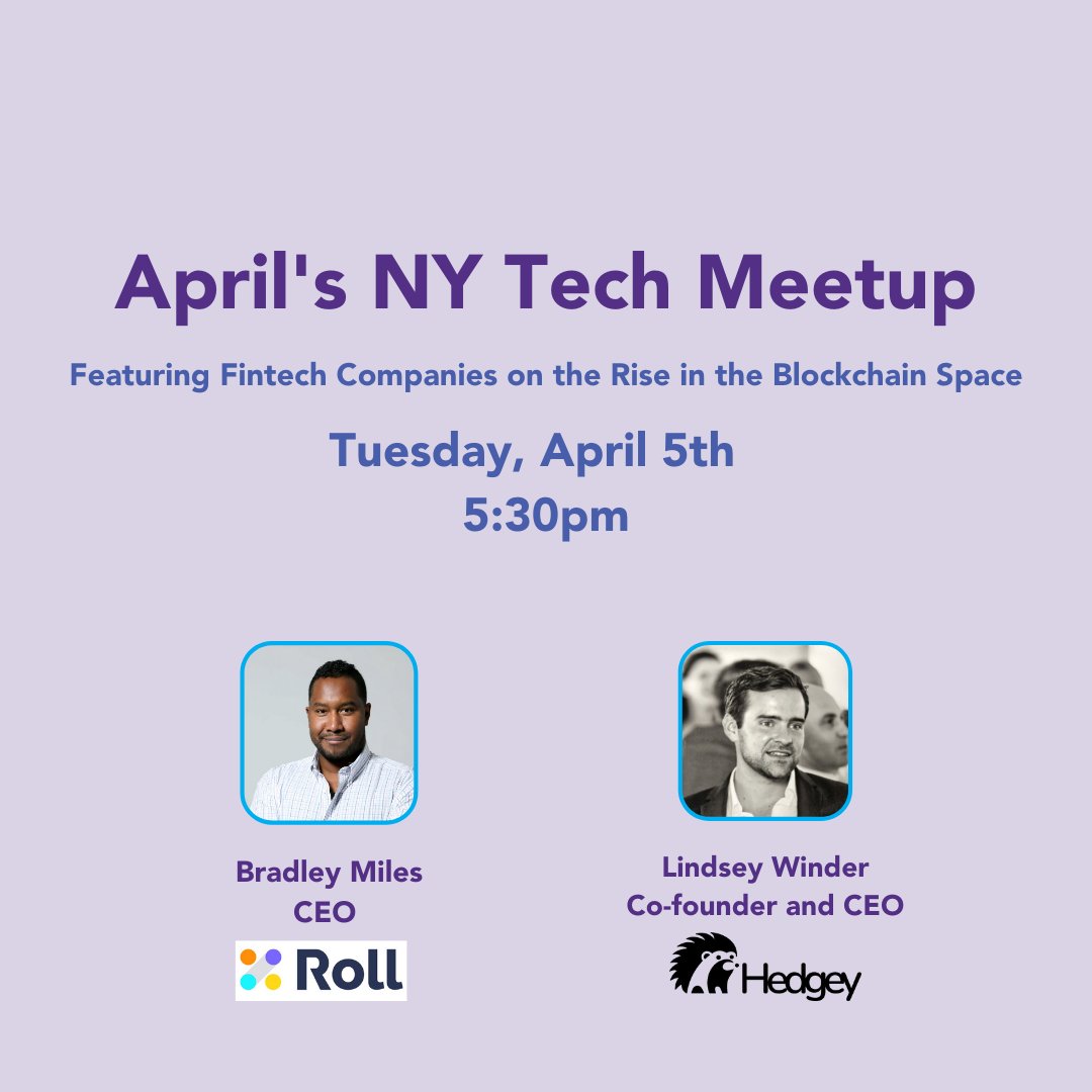 NYTechAlliance's tweet photo. We couldn’t be more excited for our April #NYTechMeetup, where the #founders of @tryrollhq and @hedgeyfinance will talk about their #fintech companies and demo their incredible technology. Sign up now! #Tech #nyc
When: April 5th  at 5:30pm 
RSVP now: https://t.co/2Z9a6wk7Iw https://t.co/rU3TLKIhcC