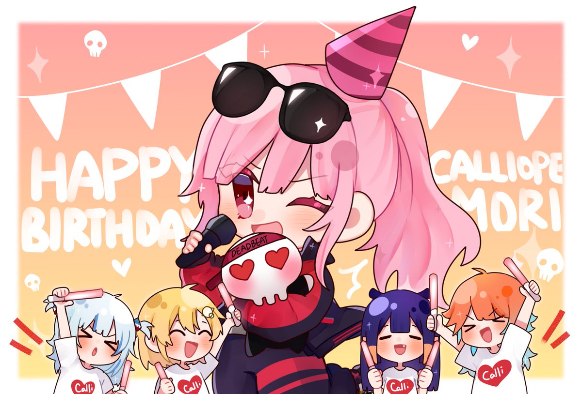 がうるぐら ,森美声 ,一伊那尓栖 ,小鳥遊キアラ ,ワトソン・アメリア 「Happy Birthday Calli!!!!!!!!❤️❤️❤️❤️❤️!!」|Tera🐔のイラスト