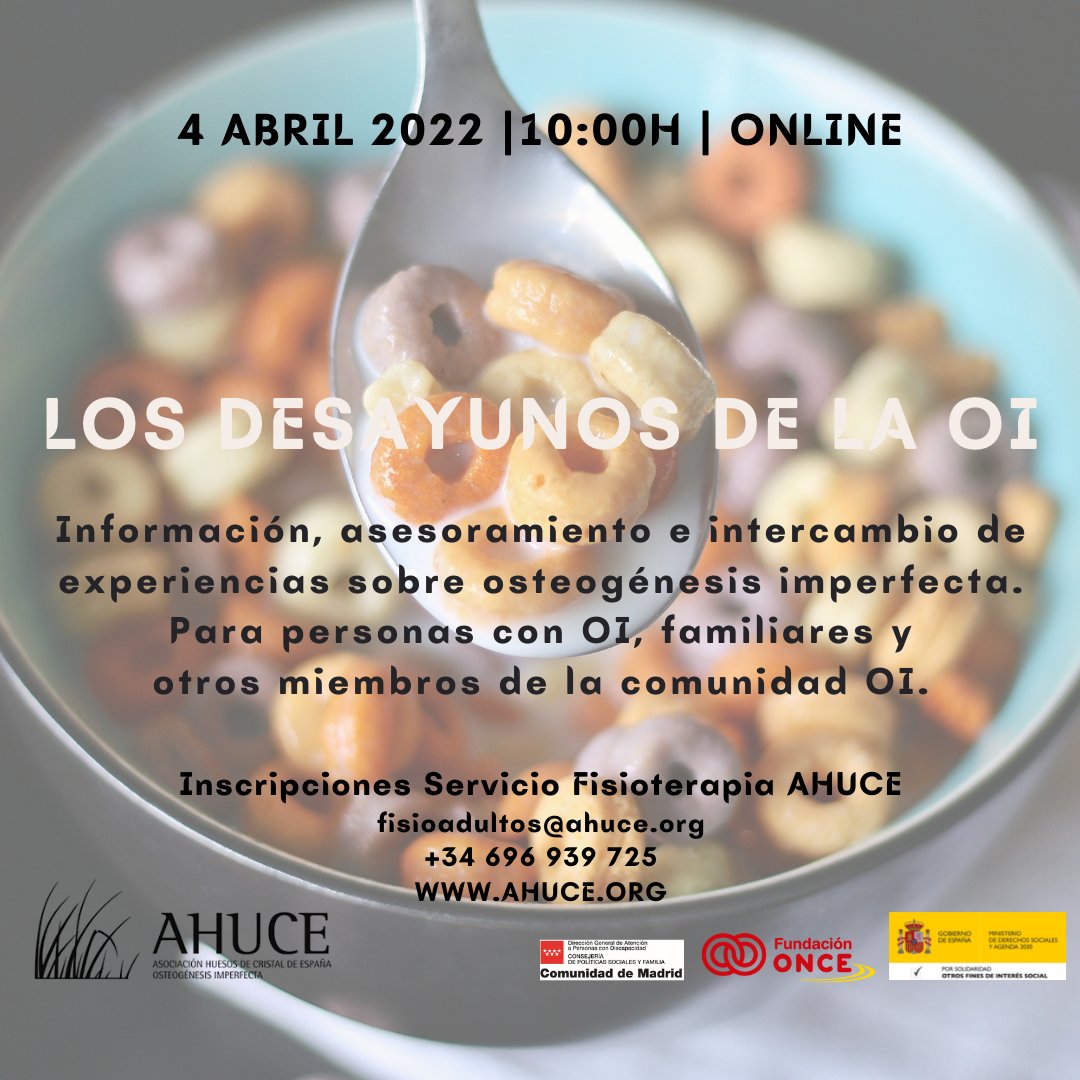 ¿Te apuntas a nuestros desayunos del lunes 4 de abril? 
🔹 Te esperamos a las 10:00h CET vía zoom 
🔹 Una actividad para personas con osteogénesis imperfecta, otras displasias óseas y sus familias. 
🔹 Compartiremos información, asesoramiento e intercambio de experiencias.