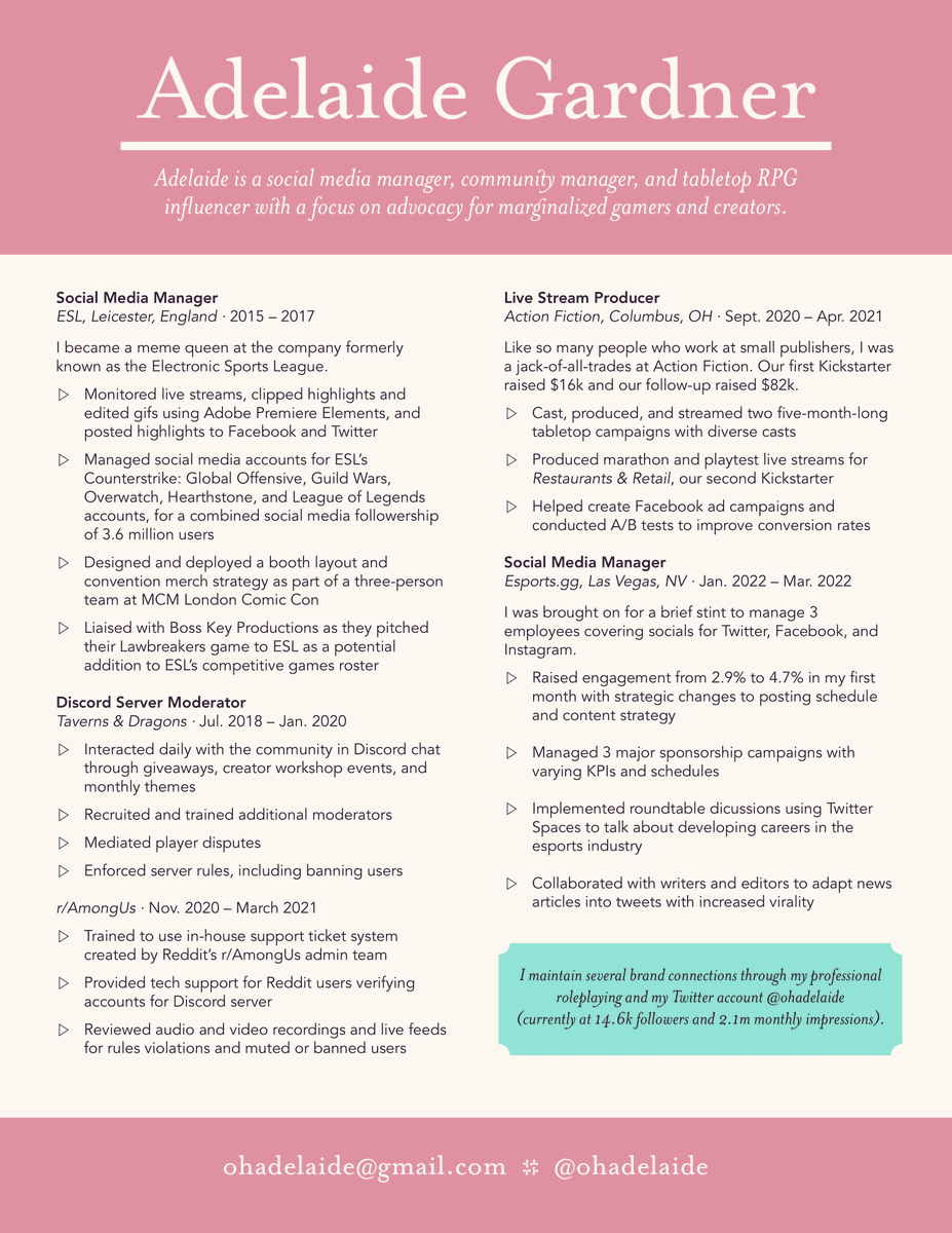 ohadelaide's tweet image. I was unexpectedly laid off from @esports this week, and now I'm back to the grind! Whew!

I'm a social media and community manager with experience in team leading, navigating multiple partnerships, and tracking analytics. I LOVE what I do.

Hit me up! (RTs welcome)