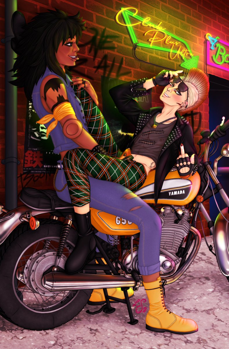 🤘🧷🏍️ Punk Ride 🏍️🧷🤘

I can finally reveal my art for <a href="/PLUSULTRAretro/">PLUS ULTRA retro 📼Project Completed THANK YOU💾</a>'s 18+ zine!! This piece really tested my limits but I'm SO happy with how it turned out 😘 (though I will never draw machinery again if I can help it lmao) 

#bnha #nsfw #serobaku