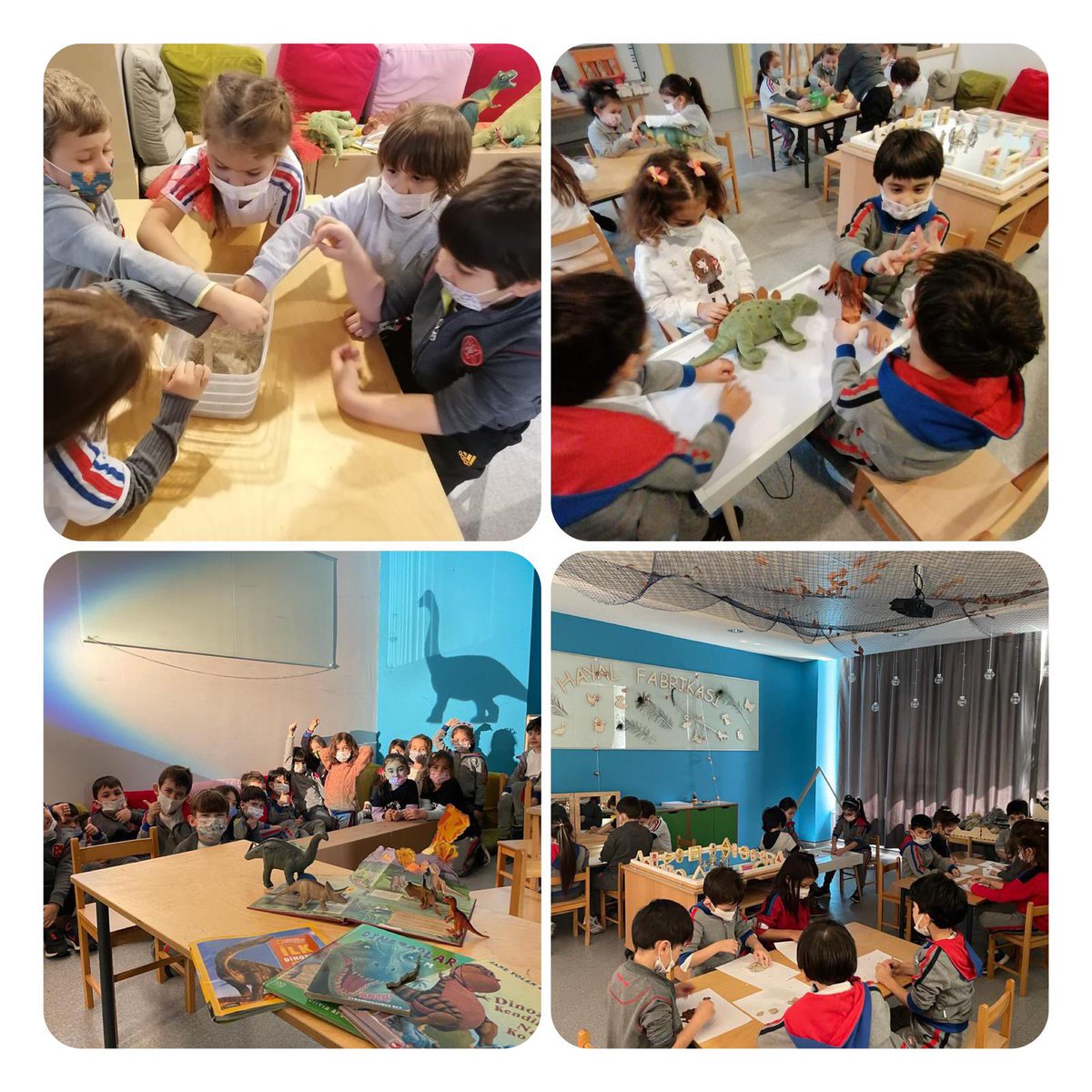 Paleontoloji ve Paleontolog nedir? 
Dedektif dinazorlar nasıl canlılardır? 🕵️‍♀️🕵️
Fosilleri neye benzer?
Fosilleri daha yakından görmek ve deneyimlemek adına hayal fabrikasında kil hamurundan tasarladığımız dinazor kemiklerimizi boyayıp sergi alanımıza yerleştirdik. ❤️💙