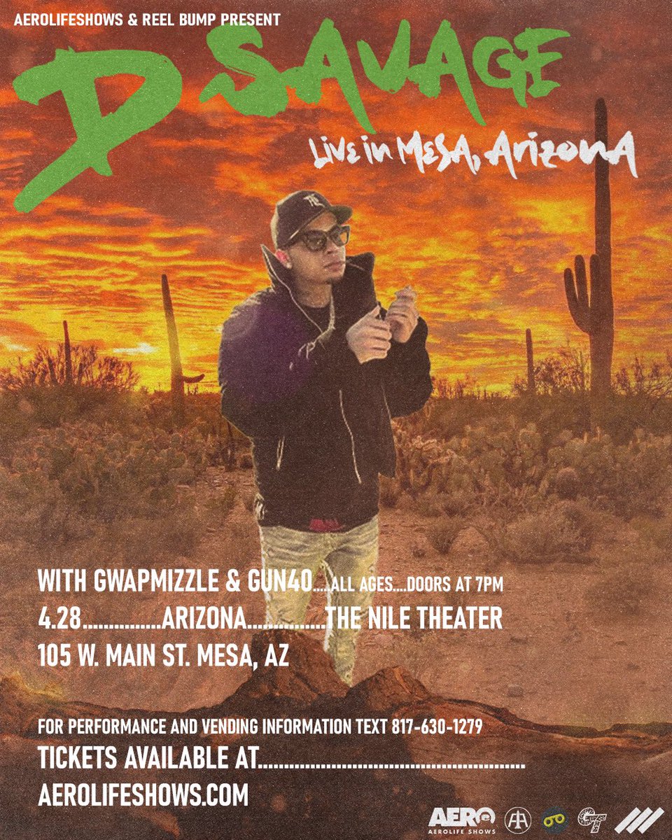 AeronotiqzInfo's tweet image. APRIL 28th: @dsavage3900 live Mesa, AZ!

With @Gwapmizzle &amp;amp; @GUNMUSIC40
Sounds by @dontfollowmekaa 

Tickets, Merch, &amp;amp; Meet N Greet at AEROLIFESHOWS.COM 

For Questions, Performance and Vendor Info Text 817-630-1279