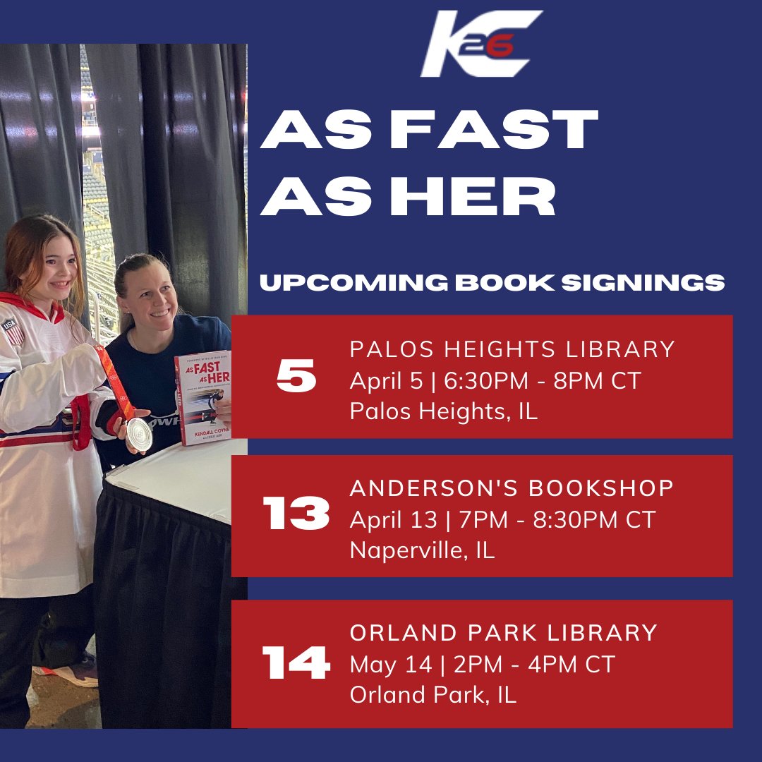 KendallCoyne's tweet photo. Hope to see you at one of my upcoming #AsFastAsHer book signings in the Chicago area!

🔴 6:30 PM CT at @PalosHtsLibrary on April 5.
🔴 7 PM CT at @AndersonsBkshp Naperville on April 13.
🔴 2 PM CT at @OrlandPkLibrary on May 14

Learn more at https://t.co/bWLkprUHhP https://t.co/TFz5AQTWhB