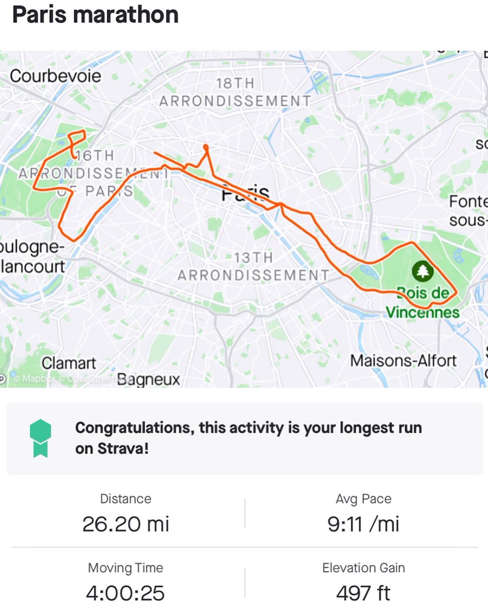 mchap84's tweet photo. Paris Marathon 2022 - 4hrs exactly!

🏃‍♂️272 miles of training
💅3 lost toenails
❌ absolutely no desire whatsoever to do another!

A tiny bit gutted I was 26secs off a sub 4hr but pretty pleased with that time for a slightly overweight, broken, pretender!
#ParisMarathon https://t.co/V53t7HLkZA