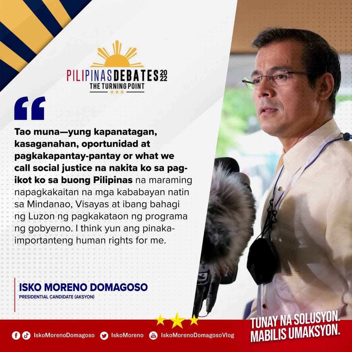 IskoMoreno's tweet photo. Kapakinabangan muna ng tao. 'Yan po ang makikita, mararamdaman at magiging direksyon ng ating administrasyon kapag ako po ang binigyan ninyo ng pagkakataon na maging pangulo ng ating bansa. ☝🏻🇵🇭

#KayIskoPosible 
#PiliPinasDebates2022 https://t.co/iYe9gyhP1i