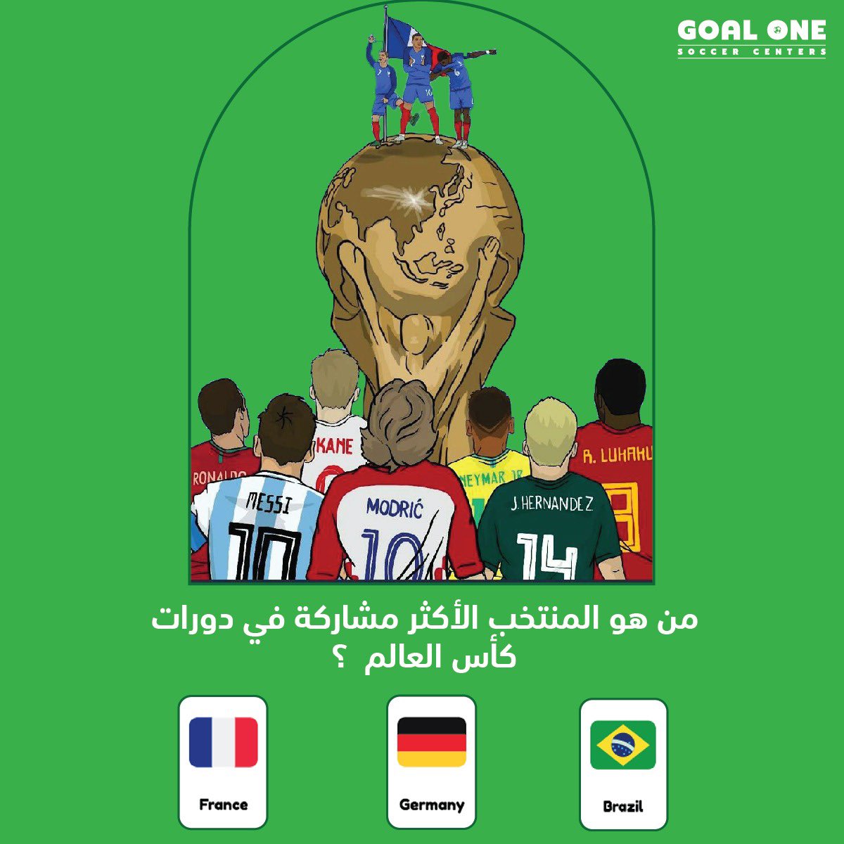 GoalOneSoccer's tweet photo. #فوازير_جول_ون 

من هو المنتخب الأكثر مشاركة في دورات كأس العالم ..؟ 

١- البرازيل 
٢- المانيا 
٣- فرنسا 

شارك في أسفل التغريدة بالإجابة الصحية لتربح معنا ساعة لعب مجانًا على ملاعب جول ون. https://t.co/4xeGxLzvZF