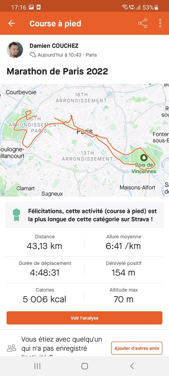 damiencouchez's tweet photo. 38 ans, 104kg, 42.195km, 5000 calories et record perso sur le @parismarathon : 4h50. Toujours vivant, toujours là ! 💪. #marathon4 https://t.co/2xMrmD3501
