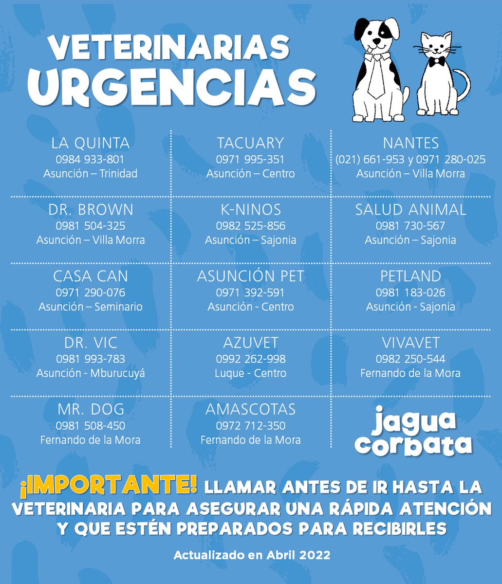elclubdeflans's tweet photo. Hola! Les dejamos el listado de veterinarias que atienden urgencias 24 h! 🚑 Ojalá nunca necesiten pero siempre está bueno tener la info a mano. Estas son las que nos confirmaron la atención, conoces alguna otra? https://t.co/3OdXH67Sft