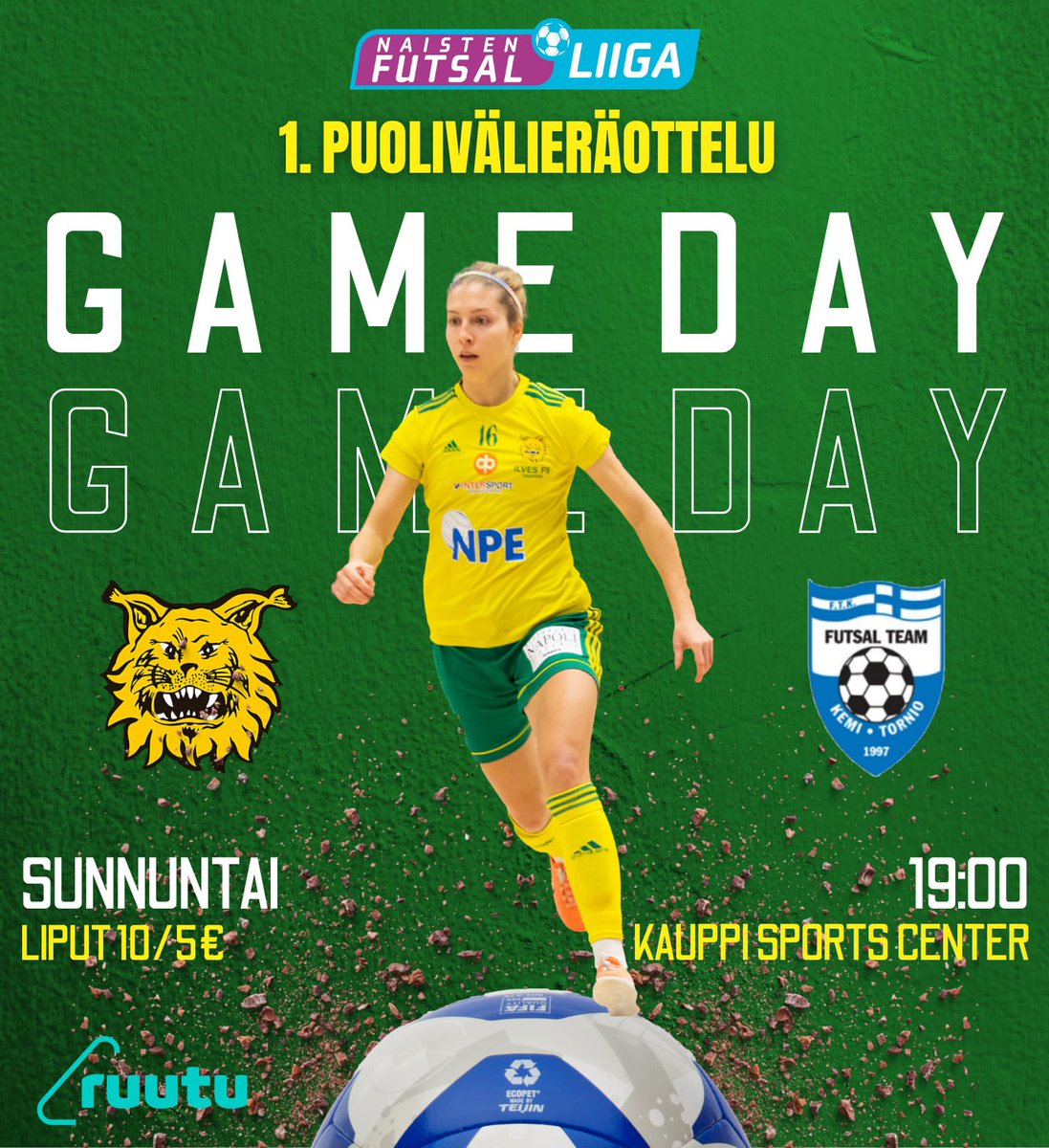Viimeinen puolivälieräpari Ilves FS - FTK-Tornio käynnistyy klo 19.00 <a href="/KauppiCenter/">Kauppi Sports Center</a> Tervetuloa paikan päälle kannustamaan keltavihreitä avausvoittoon! Liput käteisellä 10€/5€ #futsalfi