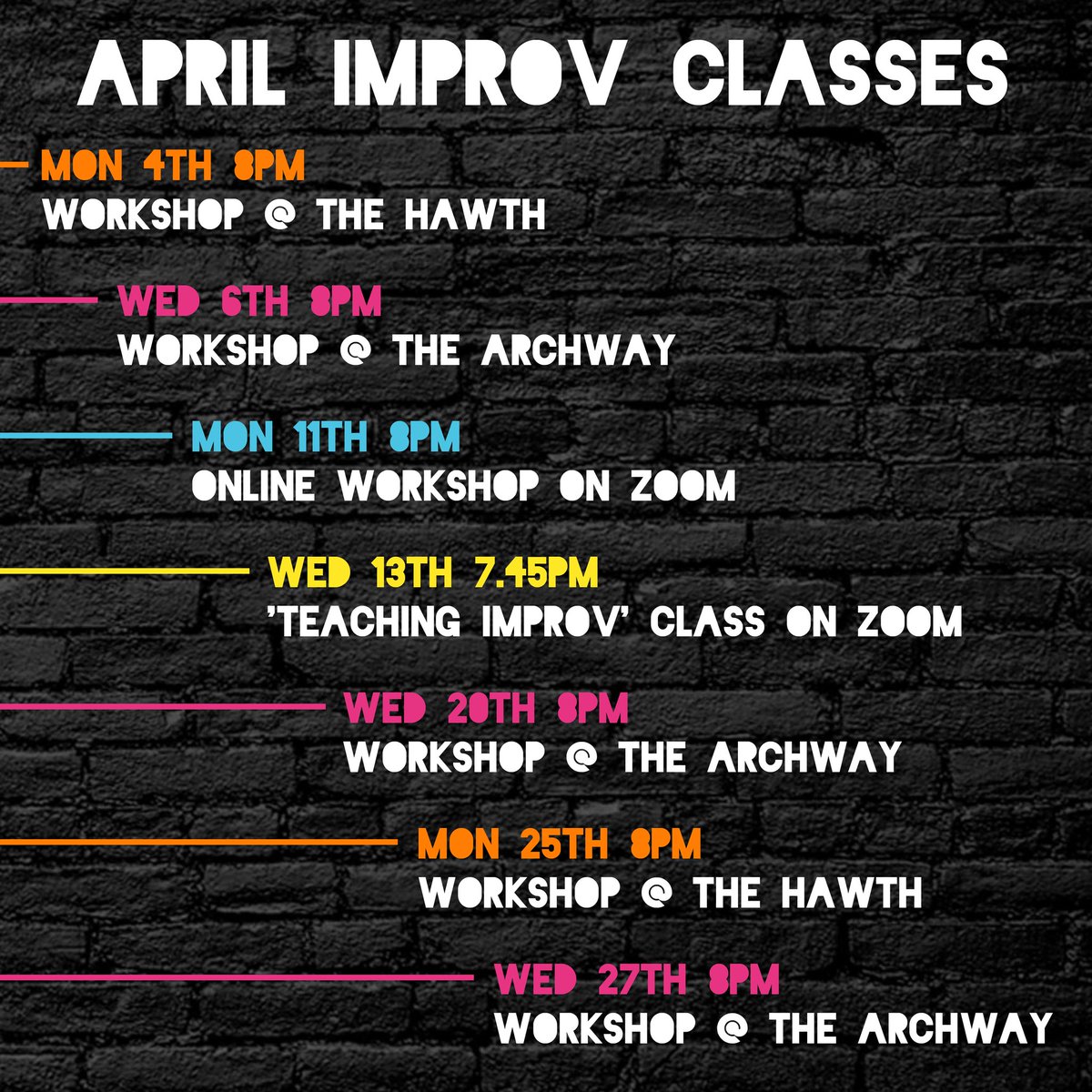 dingbatsimprov's tweet photo. Lots of opportunity to get your fix of improv this month at @thehawthcrawley and @ArchwayHorley with @dingbatsimprov! Beginners welcome to all classes.
.
๐& https://t.co/xdOqJ4SVkM
.
#improv #improvworkshop #ukimprov #horley #surrey #crawley #westsussex https://t.co/DOYrqfEfiG