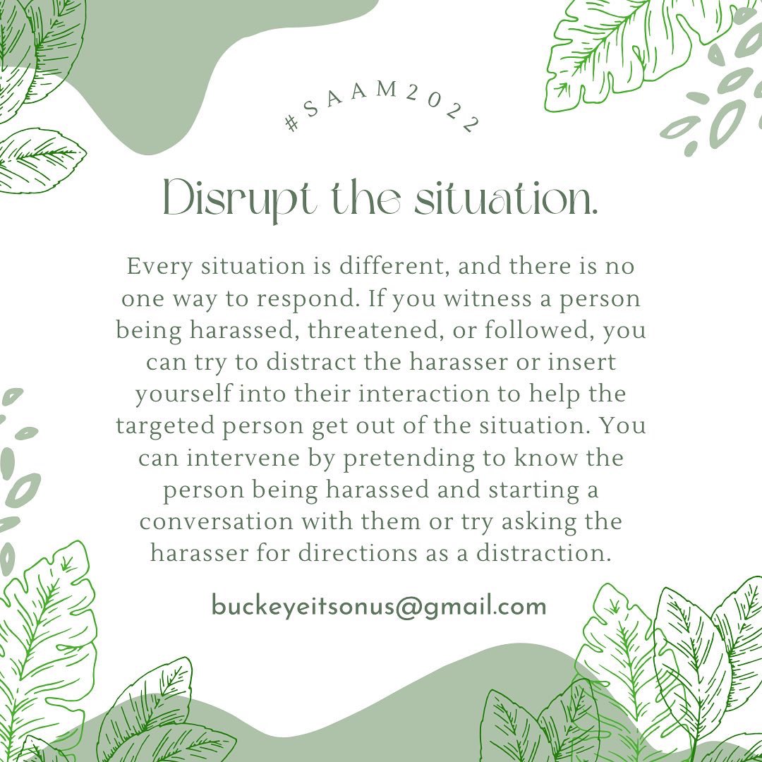 ItsOnUs_OSU's tweet photo. On day 3 of Sexual Assault Awareness Month, check out these bystander intervention tips and strategies! It’s on us to create a culture that does not stand for sexual assault #SAAM2022 https://t.co/AX6vhuqoht