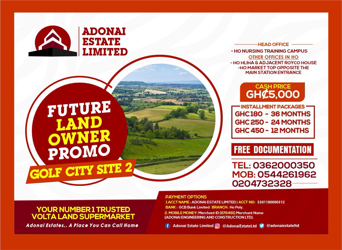 AdonaiEstateltd's tweet photo. Have you considered investing your surplus funds into acquiring land and watching it appreciate substantially as the years go by?
Take advantage of our #FutureLandOwner promo and buy some of these unrestricted plots.
#landforsale #lookingforland #voltaregion #property https://t.co/sW7AuG9CEb